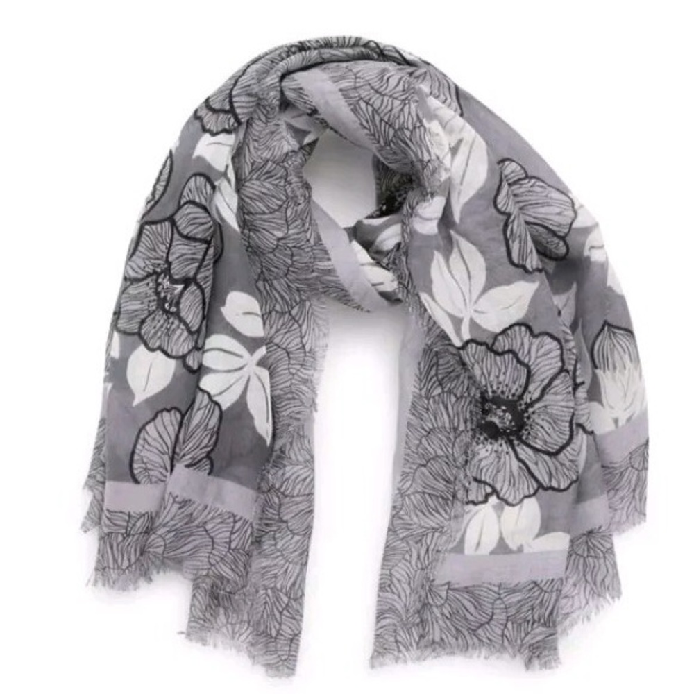 Vera Bradley Black and White Square Fringe Floral Scarf